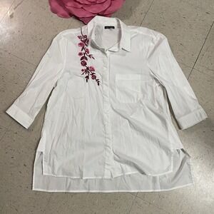 ATHENA MARIE Shirt Women's Sz XL White Cotton Embroidered Button Front Side Slit